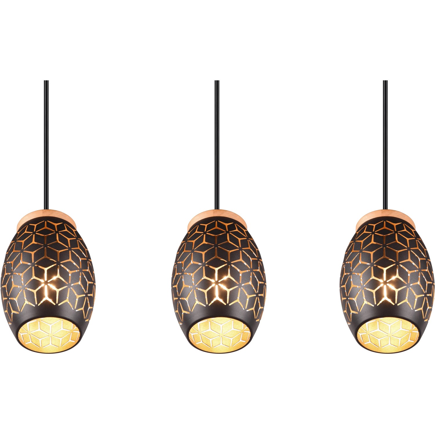 Dreiflammige Pendelleuchte Bidar in Schwarz-Gold mit filigranem Muster für stimmungsvolle Beleuchtung.