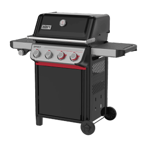 Schwarzer Weber Gasgrill Spirit E-435 mit 4 Brennern, Sear Zone und Seitentischen.