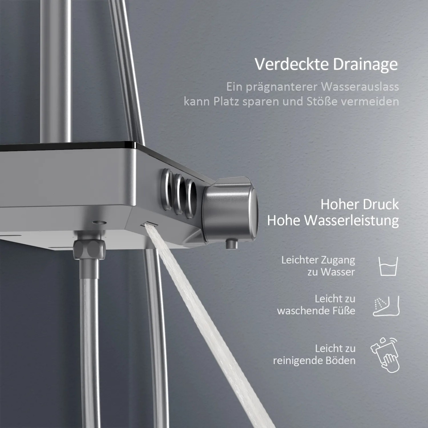 Detailaufnahme: Emke Duschsystem Anthrazit mit Wasserstrahl, der die hohe Leistung zeigt.