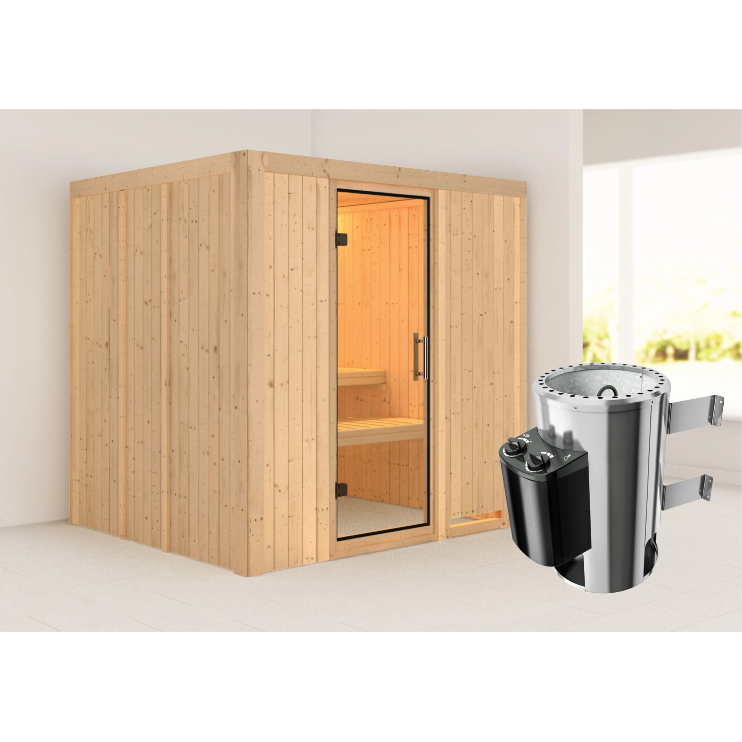 Karibu Sauna Dilja mit Ofen integrierte Stg.Natur günstig online kaufen