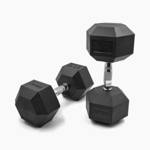 Suprfit Hex Gummi-Kurzhanteln Paar 25 kg. Schwarze sechseckige Hanteln mit gerändeltem Griff für Krafttraining.