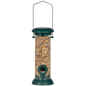 Siena Garden Vogelfutterspender aus Kunststoff, grün, gefüllt mit Vogelfutter.