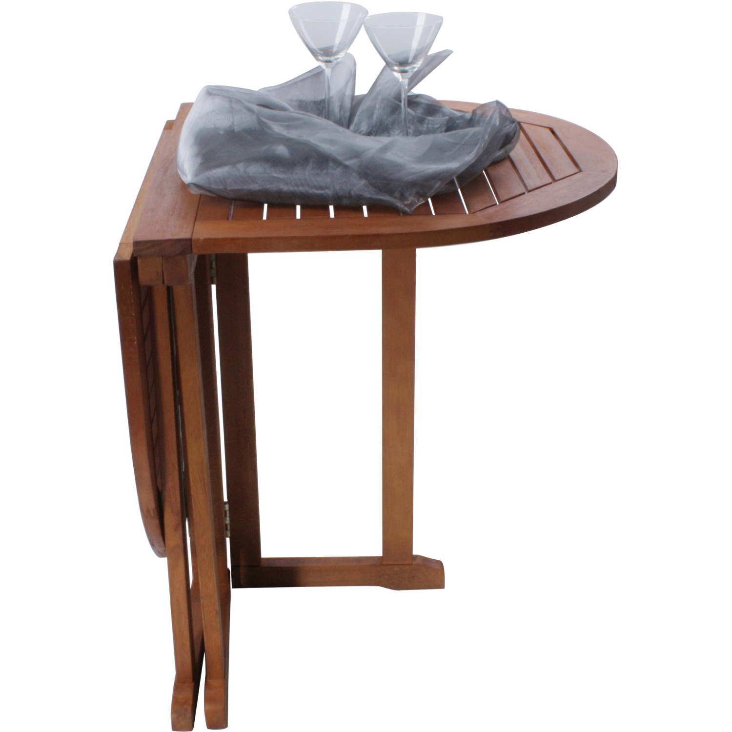 Ovaler, klappbarer Balkontisch Baltimore aus Holz, platzsparend zusammengeklappt.