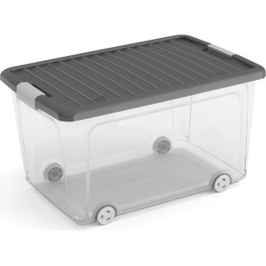 Transparent Aufbewahrungsbox mit grauem Deckel und Rädern, 35 Liter. Ideal zur Lagerung.
