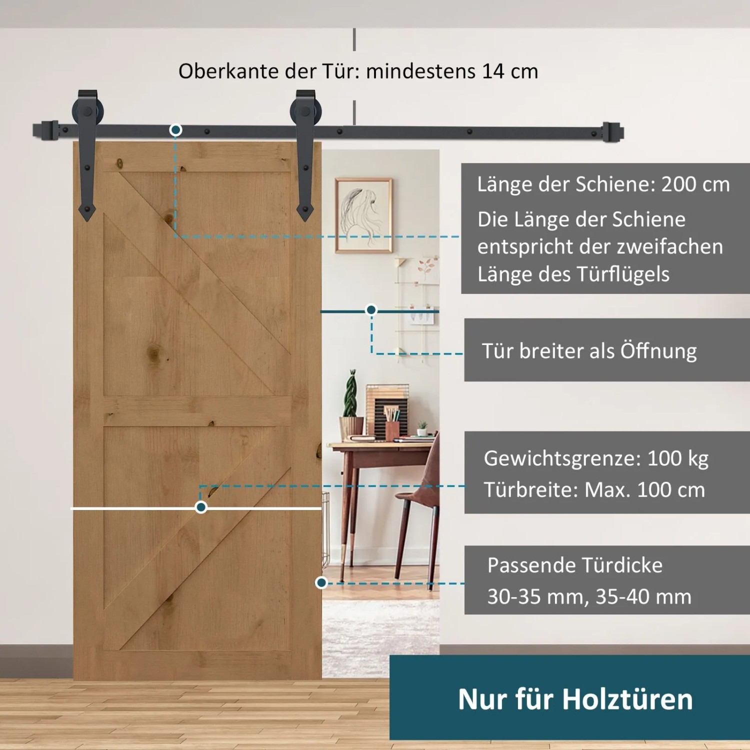 Schwarzer HOMCOM Schiebetür-Beschlagsatz aus Kohlenstoffstahl mit 200 cm Schiene für Holztüren, bis 100 kg.