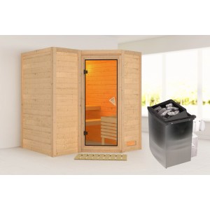 Woodfeeling Sauna-Set Steena 1 mit Ofen: Massivholzsauna aus Fichte mit Glastür und Saunaofen.