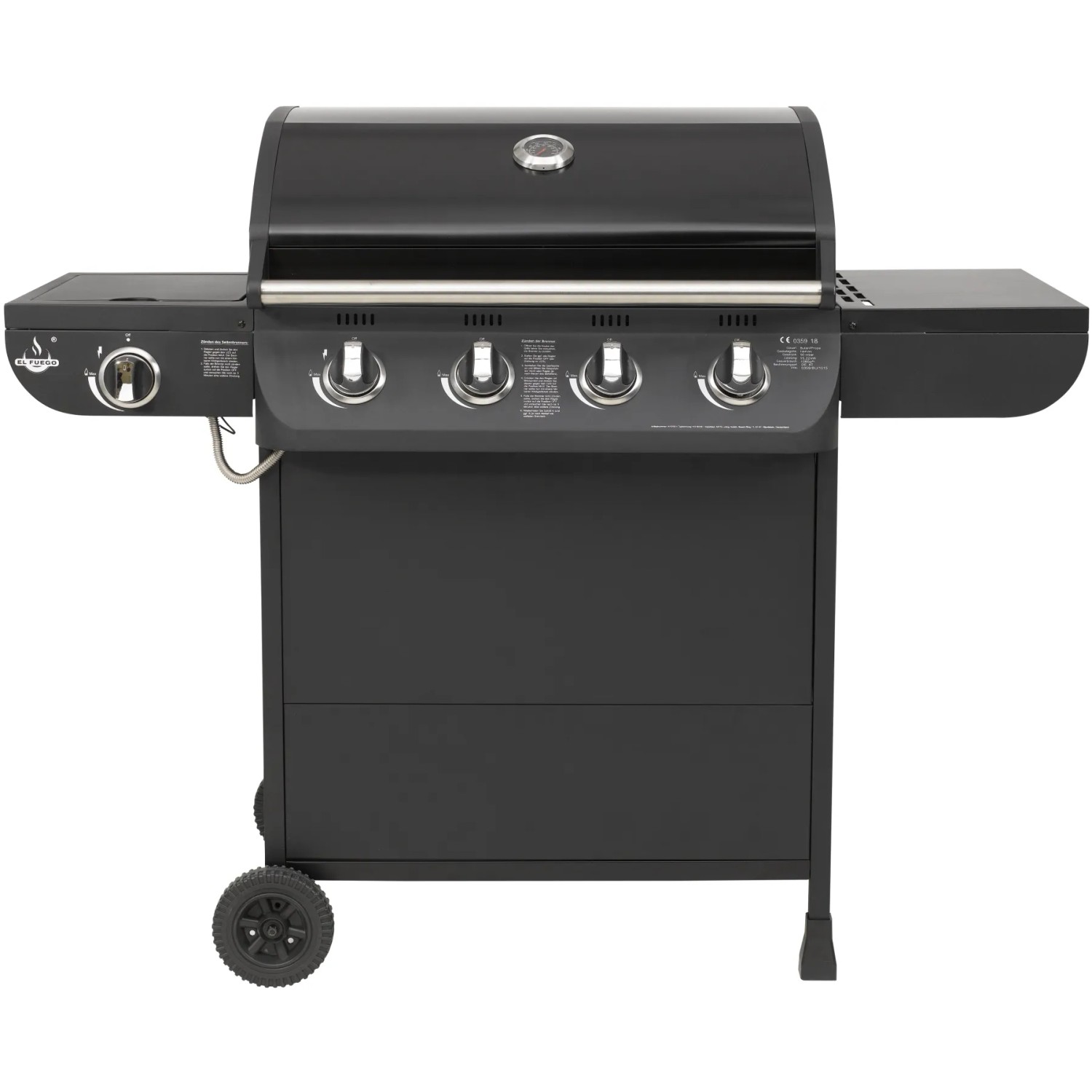 Schwarzer El Fuego Gasgrill Columbus mit 4 Brennern und Seitenbrenner.