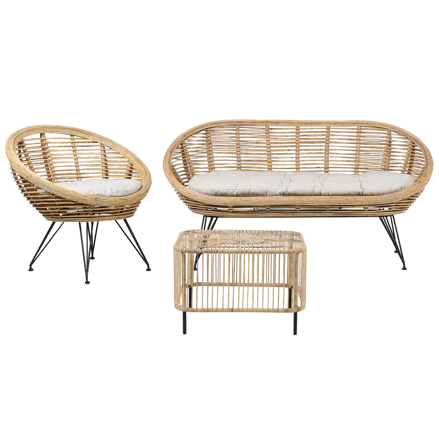 Beliani 2-Sitzer Rattansofa mit Stuhl und Tisch MARATEA/CESENATICO Hellbeig günstig online kaufen