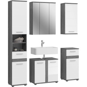 5-teiliges Badmöbel-Set Blake in Weiß Hochglanz mit Spiegelschrank, Waschbecken und Unterschränken.