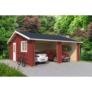 Lasita Maja Doppel Holzgarage Falkland, schwedenrot, mit zwei Autos. Fertiggarage mit Hintereingang.