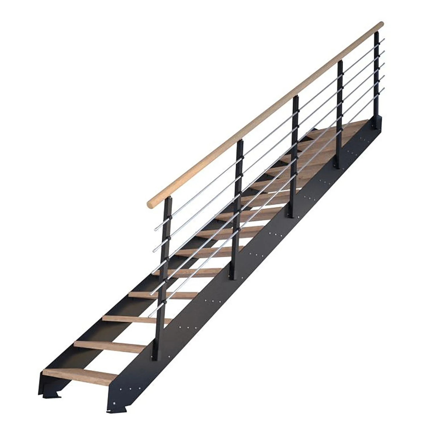 Treppe Kos mit 13 Eiche Rustik Stufen, Metallgeländer schwarz, für den Innenbereich.