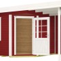 Lasiertes Weka Holz-Gartenhaus mit Flachdach, rot und weiß, mit offener Tür und Fenster.