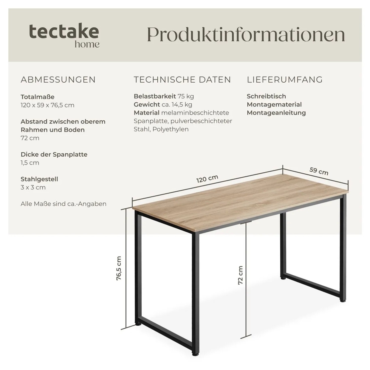 Tectake Schreibtisch Flint im Industrial Style mit Holz- und Stahloptik in Eiche Sonoma hell.