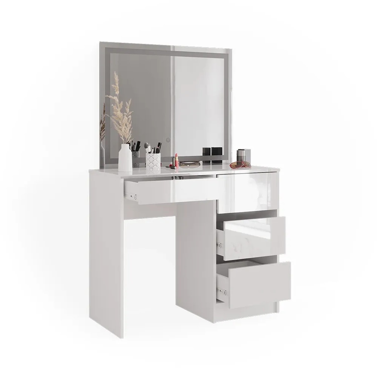 Vicco Schminktisch Sherry, weiß hochglanz, 90 cm breit, mit LED-Spiegel und Schubladen.