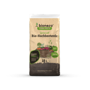 Sack Bionero Bio-Hochbeeterde 18L, torffreie Erde mit Pflanzenkohle für Hochbeete.
