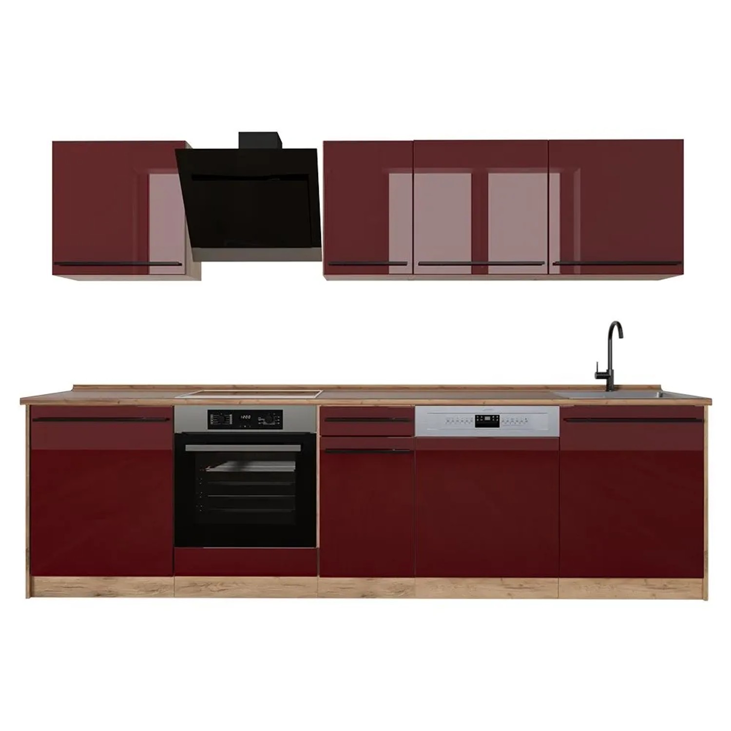 Vicco Küchenzeile R-Line Rot Hochglanz/Goldkraft Eiche 280 x 207 ohne Arbeitsplatte Art Nr 66397