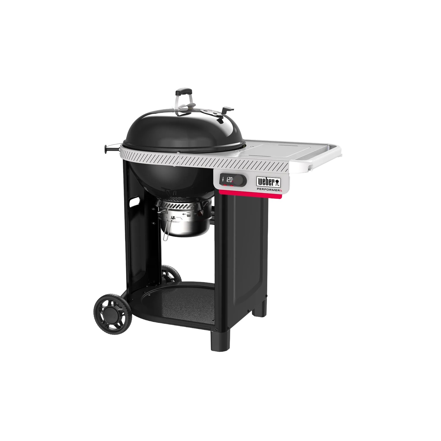 Schwarzer Weber Holzkohlegrill Performer Smart 57 cm mit Seitentisch und Ablage.
