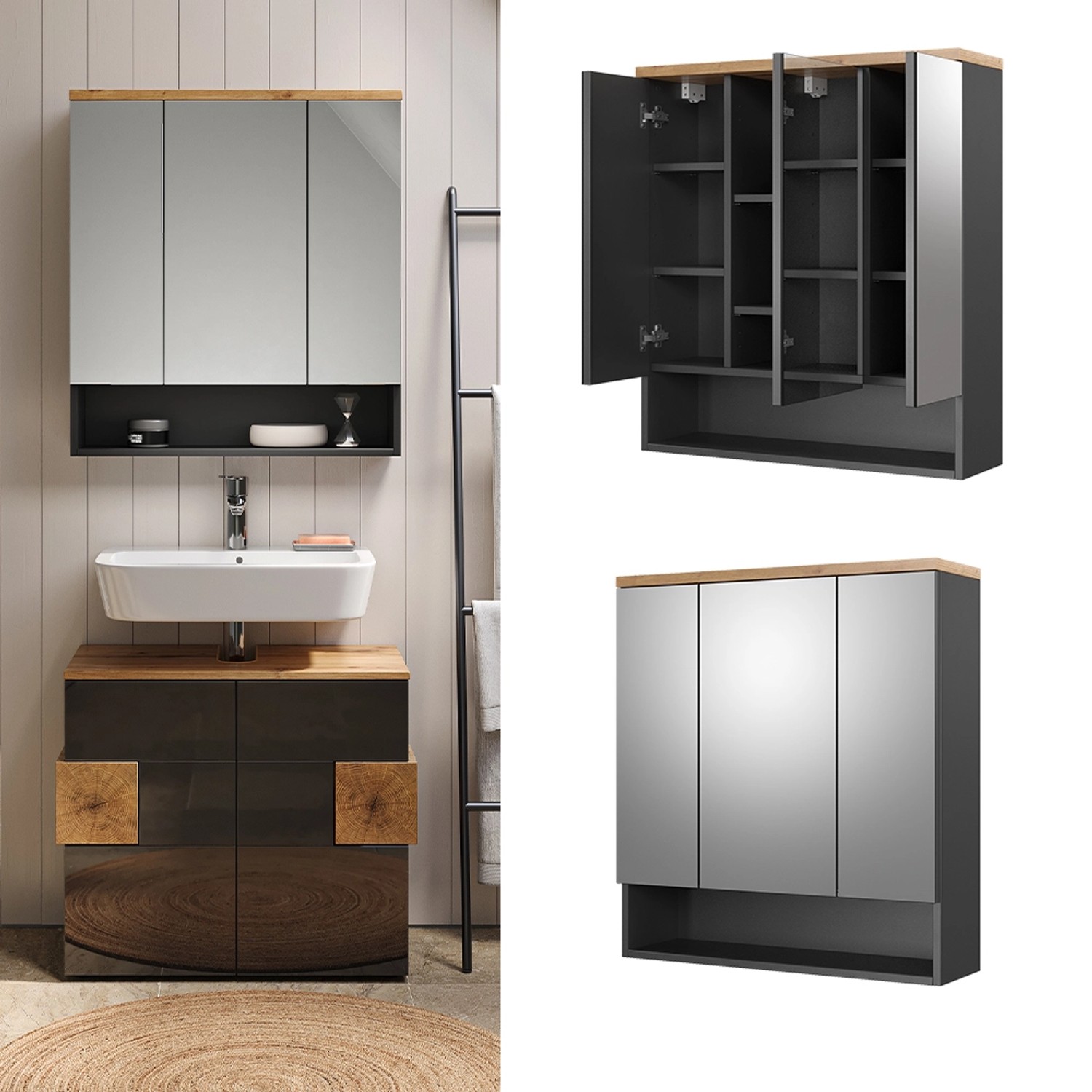 Vicco Badspiegelschrank Eden, anthrazit/Eiche, 70x77 cm, mit 3 Spiegeltüren und offenem Regal.