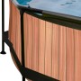 Detailansicht des runden EXIT Wood Pool ø 300 cm mit Holzoptik, Stahlrahmen und blauer Innenfolie.