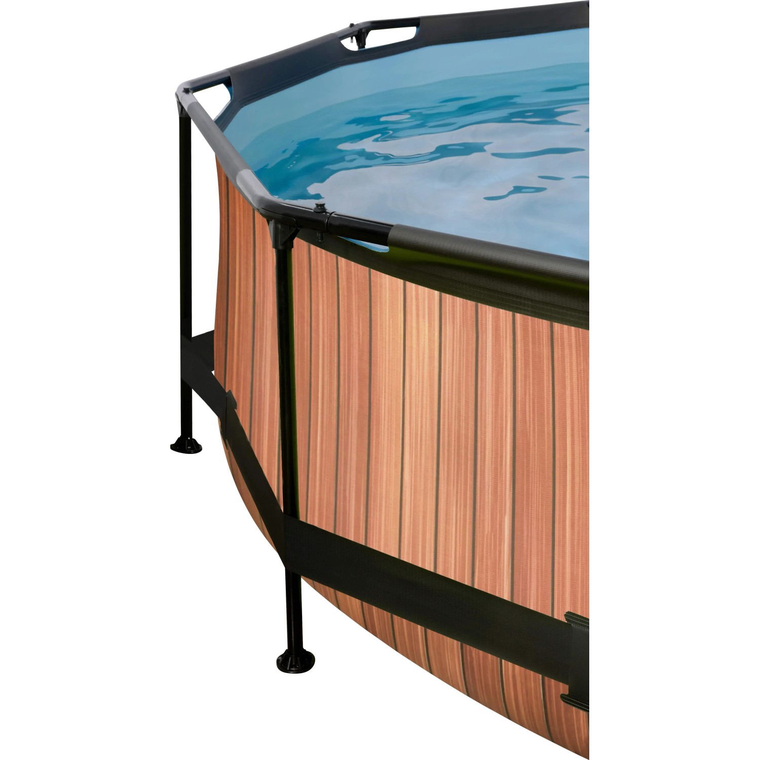 Detailansicht des runden EXIT Wood Pool ø 300 cm mit Holzoptik, Stahlrahmen und blauer Innenfolie.
