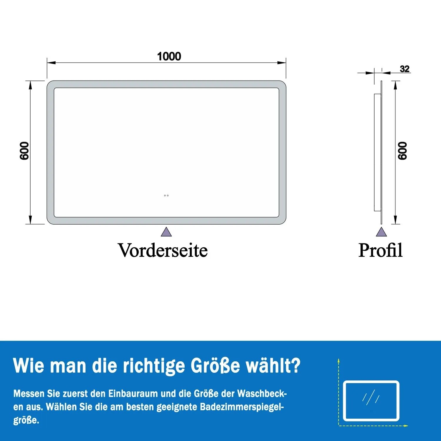 Skizze Badspiegel Aica 100x60 cm mit Maßen (Breite, Höhe, Tiefe) für Planung.