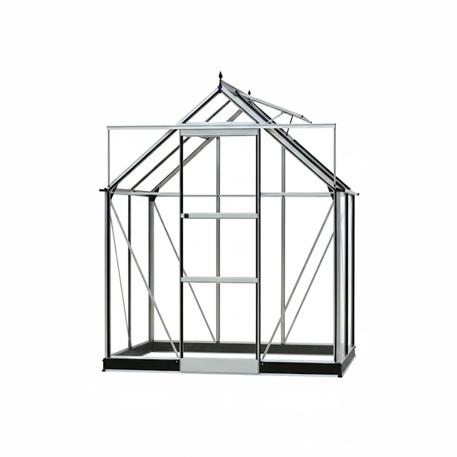 Halls Gewächshaus Icon 6, 2,5 m², Schwarz. Häuschenförmiges Glas-Gewächshaus mit Regalen und Schiebetür.