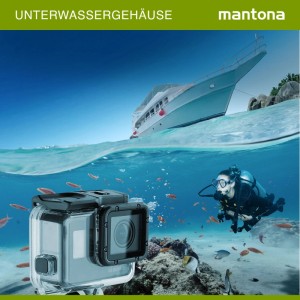 Mantona Unterwassergehäuse für GoPro Hero 5/6/7, Taucher und Boot im Hintergrund.