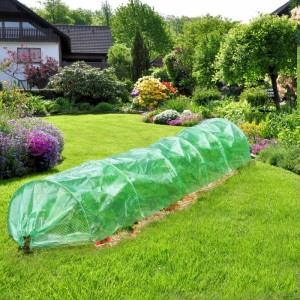 Zwei grüne PE-Folientunnel im Garten, 3m lang, schützen Pflanzen. Ideal als Gewächshaus für Gemüse.