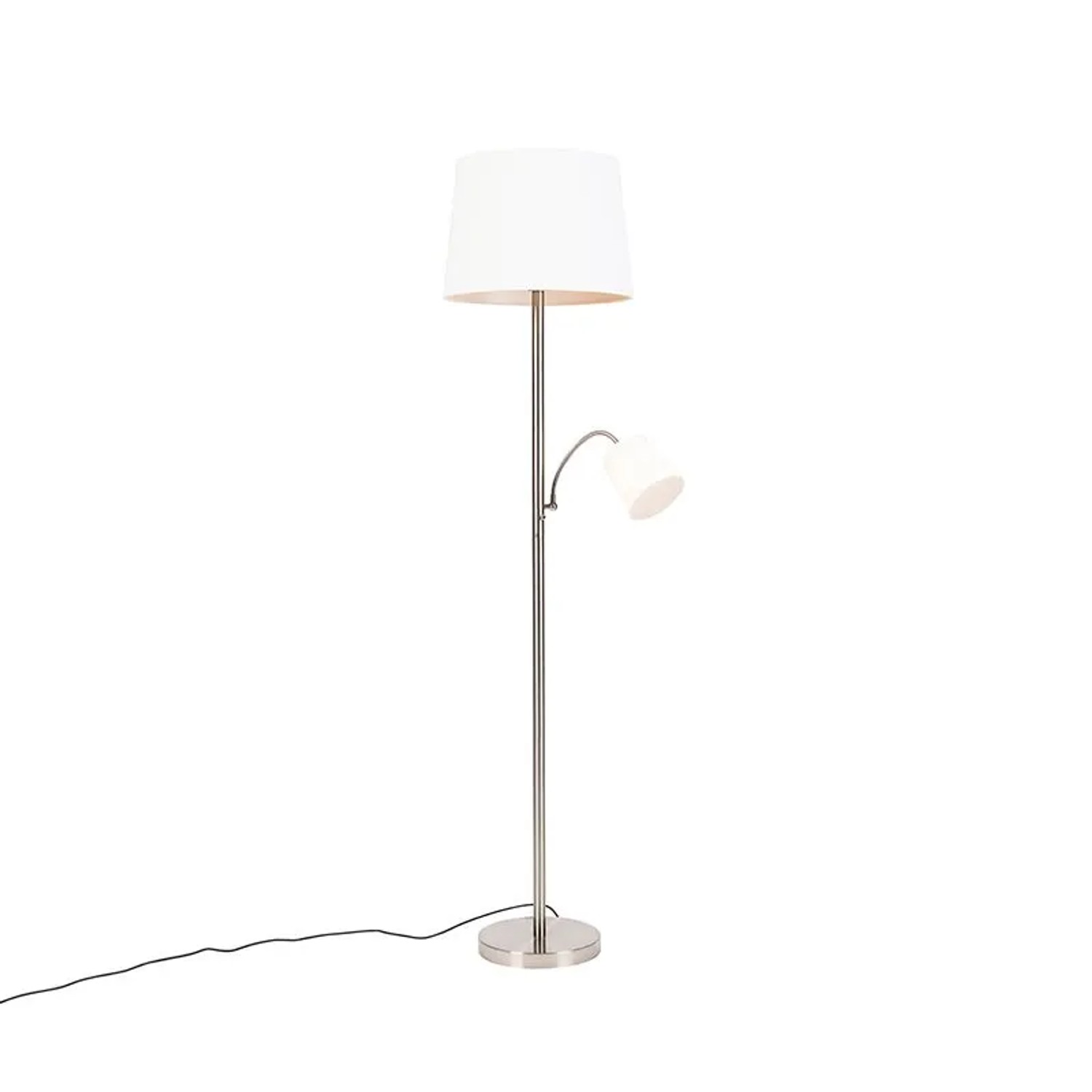 QAZQA Klassische Stehlampe Stahl mit Weißem Schirm und Leselampe Retro