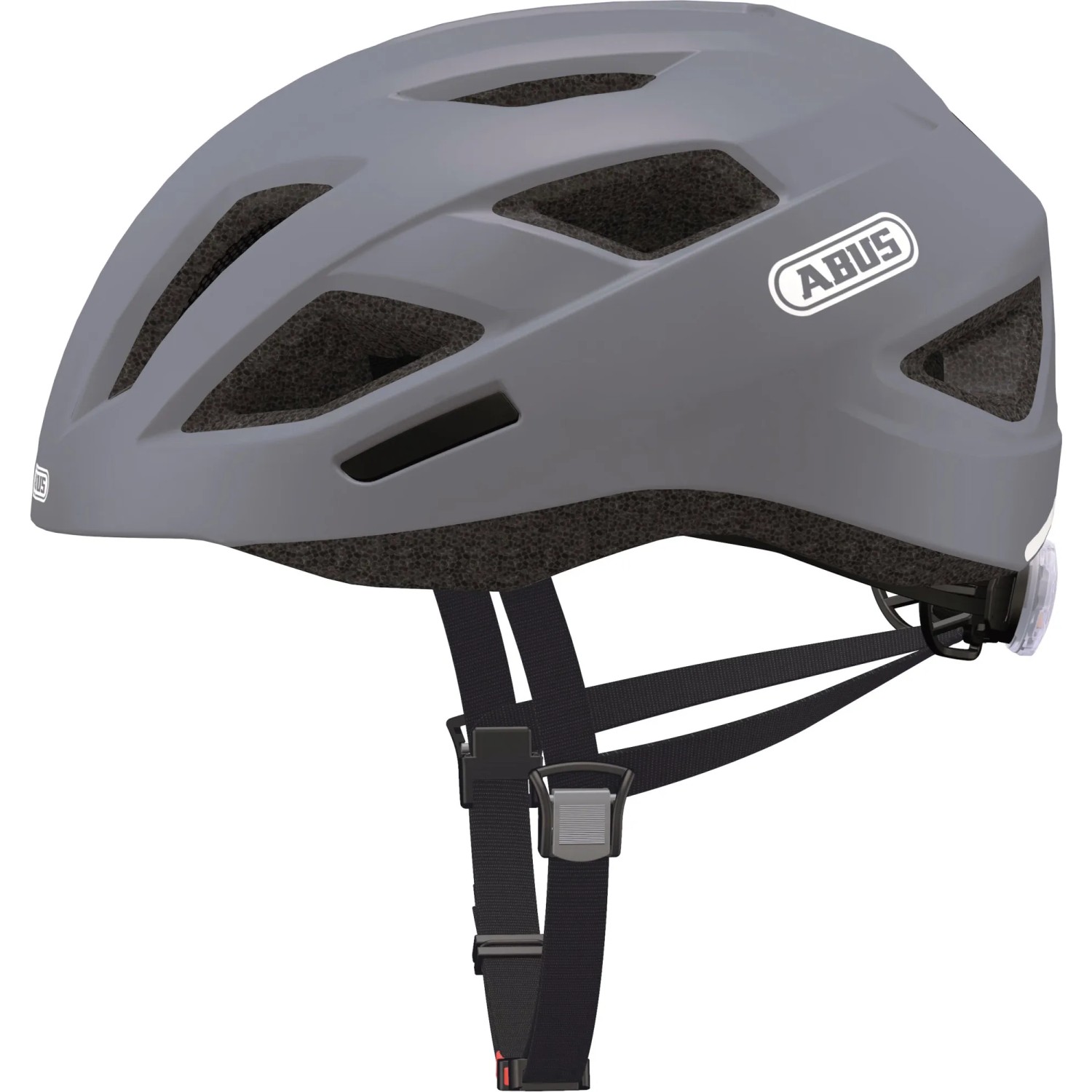 Grauer Abus Fahrradhelm City L für Erwachsene mit Kinnriemen und Belüftungslöchern.