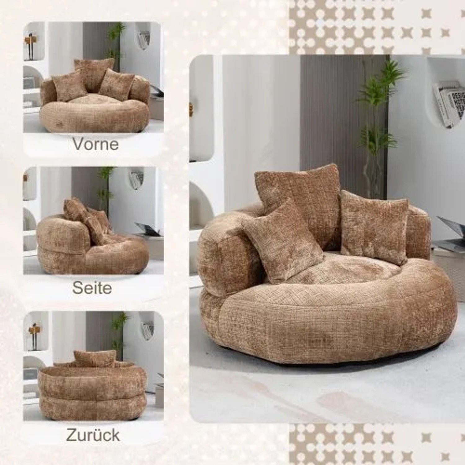 Brauner Chenille Sitzsack Stuhl mit hoher Rückenlehne und 3 Kissen. Bequemer Relaxsessel für Wohnzimmer, Gaming.