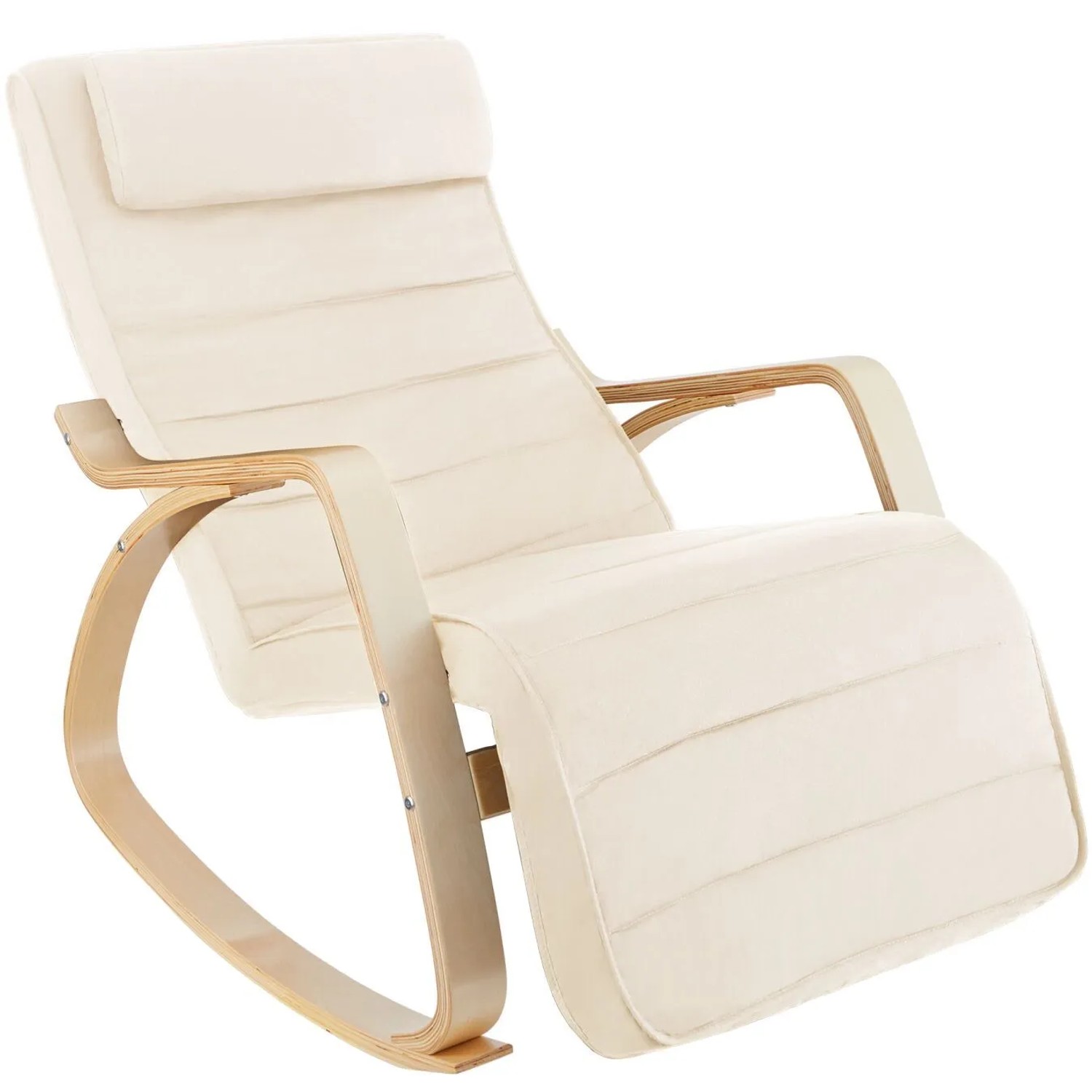 Tectake Schaukelstuhl Onda Mit Armlehnen  Gestell Aus Birkenholz Bequeme Polsterung Mit Kopfkissen  67 x 115 x 86 cm Beige