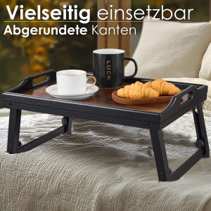 Ecosa Klappbares Bambus Tablett mit Frühstück und Getränken auf einem Bett.