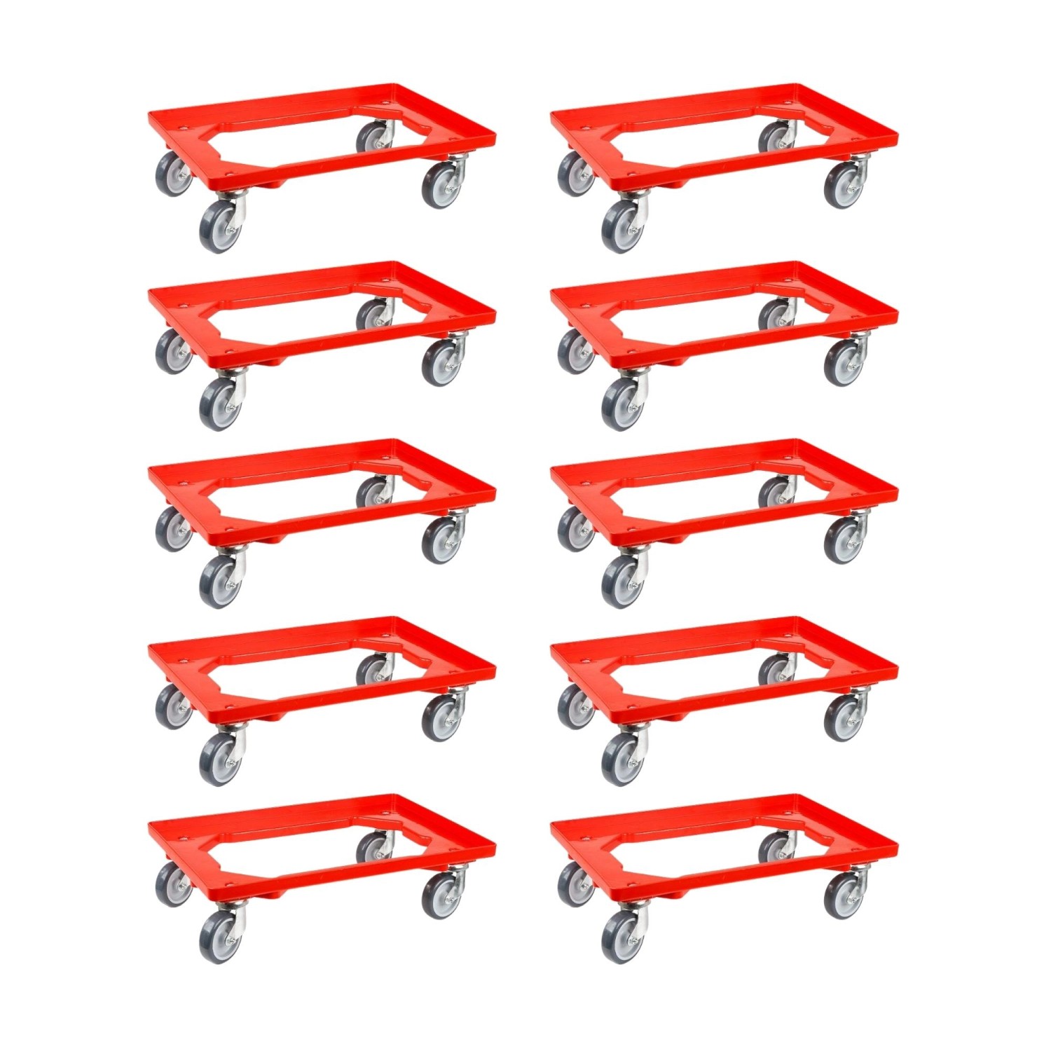 PROREGAL SparSet 10x Transportroller für Euroboxen 60 x 40 cm mit Gummiräder Rot Offenes Deck 2 Lenkrollen und 2 Bockrol