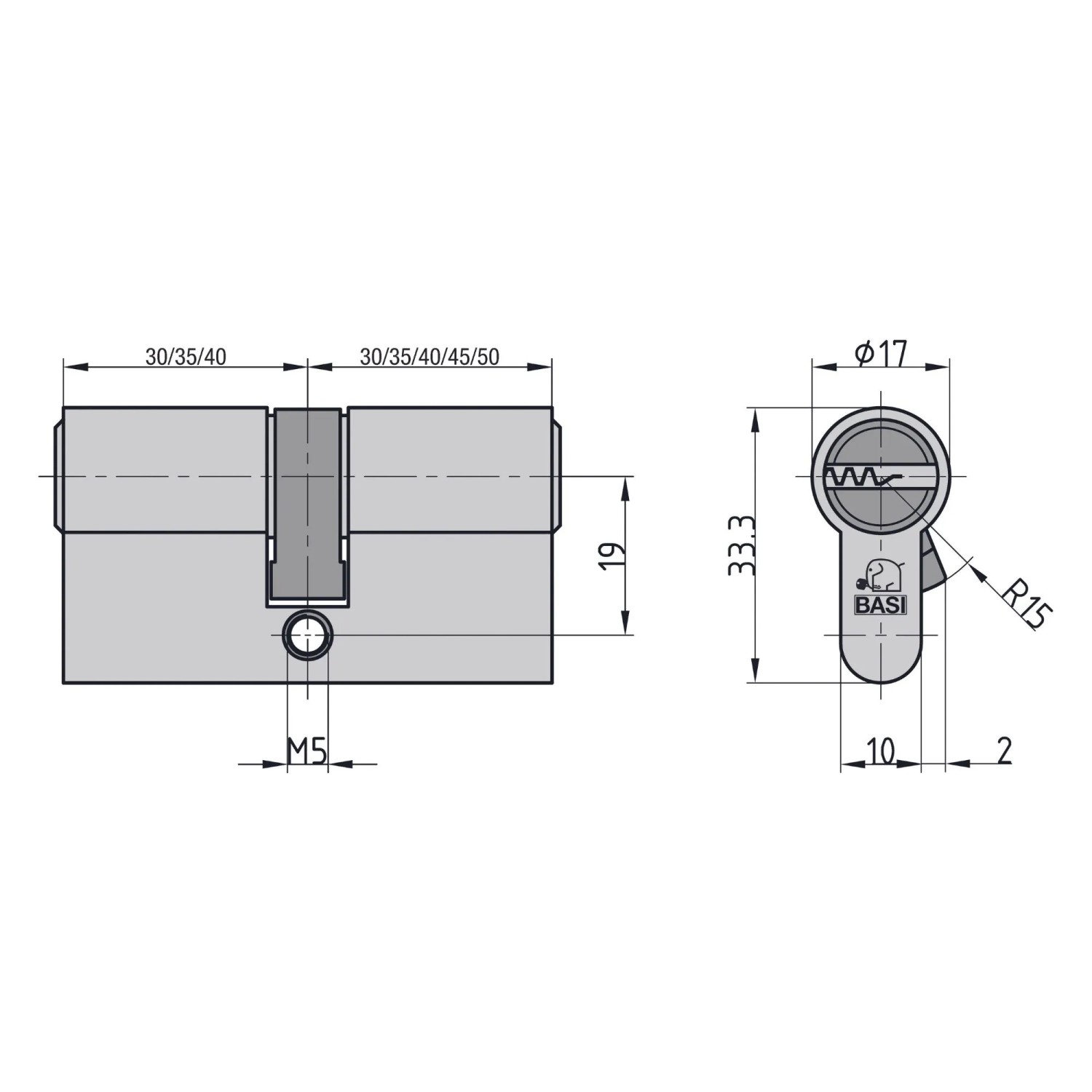 Technische Zeichnung Basi V55 Profil-Doppelzylinder 30/30 mm, verschiedenschließend, Maße und Details.