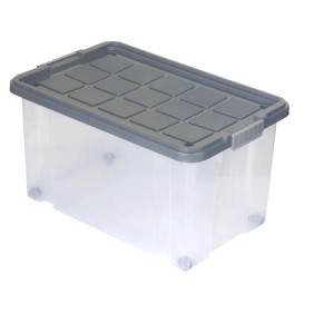 Transparente Eurobox mit stahlgrauem Deckel und Rollen, 60x40x33 cm, zur Aufbewahrung.