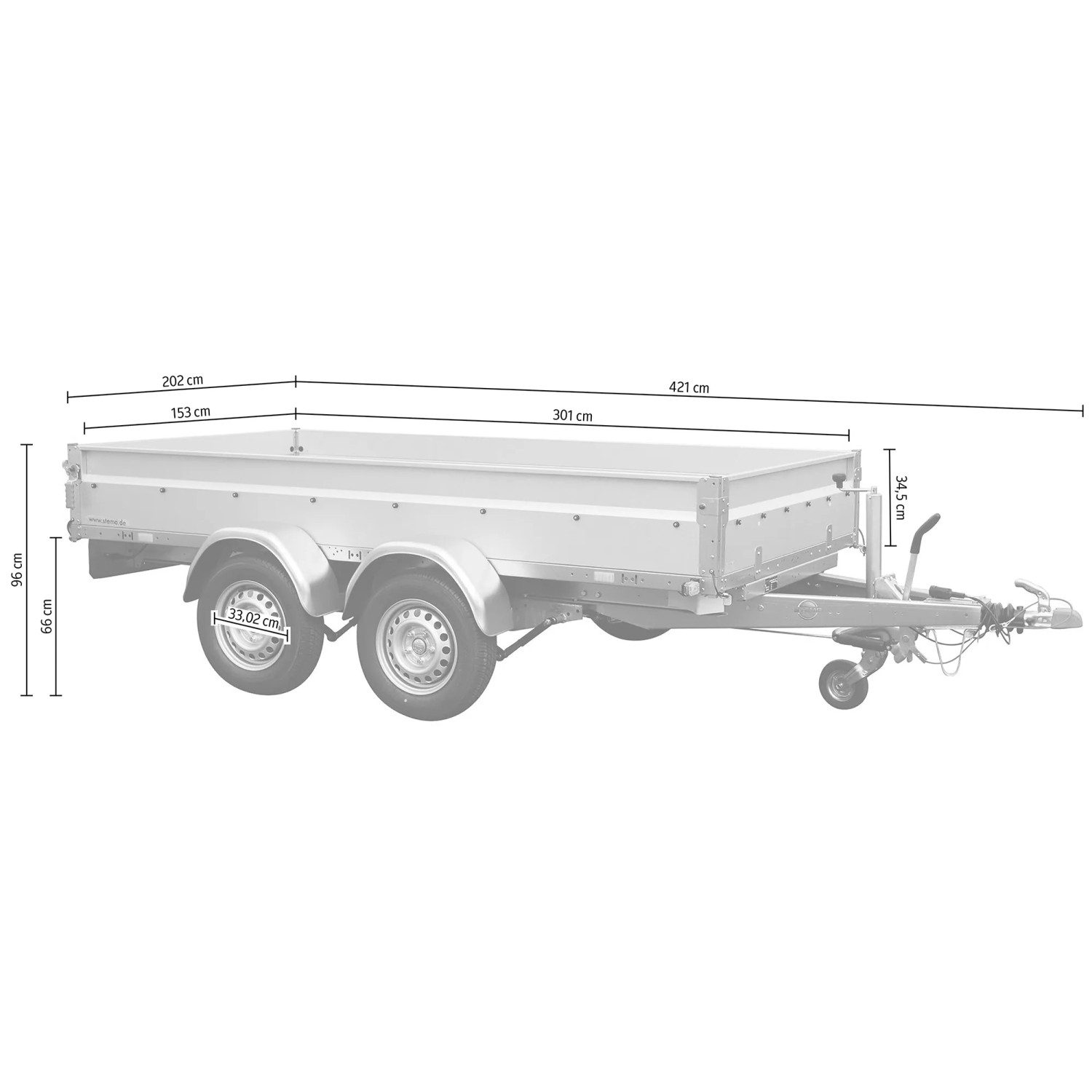 Stema Basic ST 2000-30-15.2 Autoanhänger, gebremst mit Doppelachse und Maßangaben.