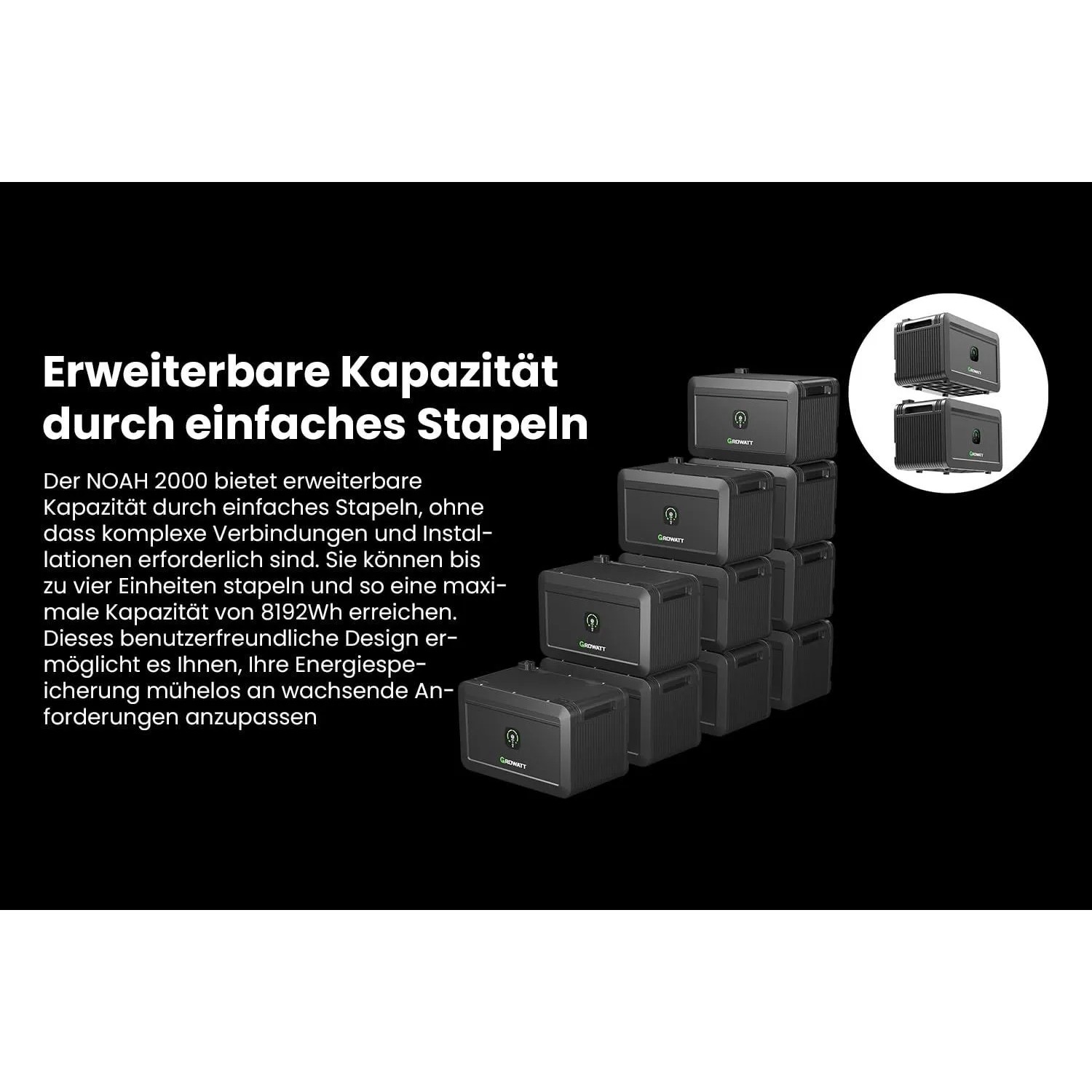 Growatt NOAH 2000 Solarspeicher, stapelbar für Balkonkraftwerke, erweiterbare Kapazität.