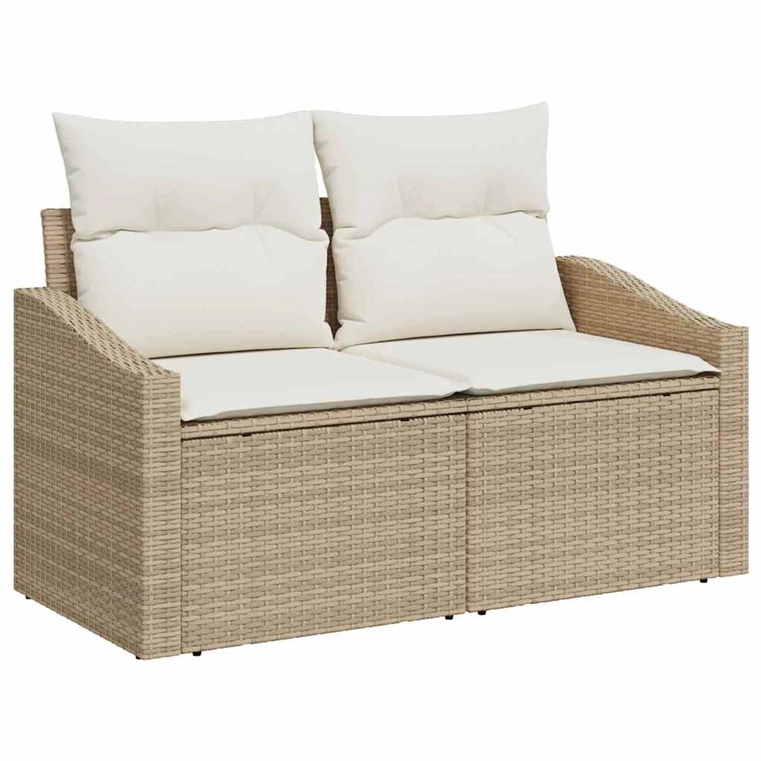 Beiges 2-Sitzer Garten-Sofa Set aus Poly Rattan mit weißen Kissen.