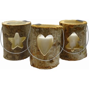 Windlichter: 3er Set rustikale Holzstamm-Laternen mit Glas, Stern, Herz und Baum Motiv.