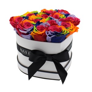 Herzförmige Rosenbox mit 13 haltbaren Rainbow Rosen in weiß-schwarzer Box.