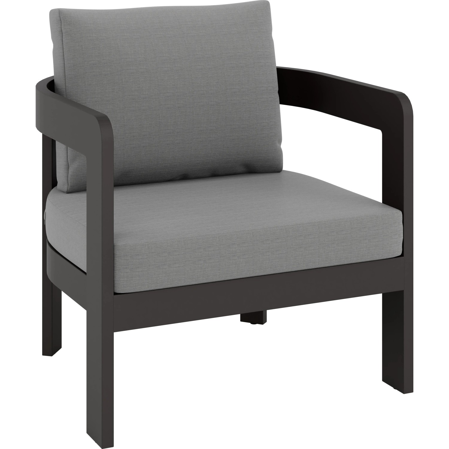 Sessel der 4-teiligen Lounge-Gruppe Sorreno, Aluminium Anthrazit mit grauen Kissen.