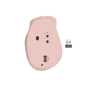 Rosa Hama Funkmaus WM-500 mit USB-Empfänger, Unterseite mit An/Aus Schalter.