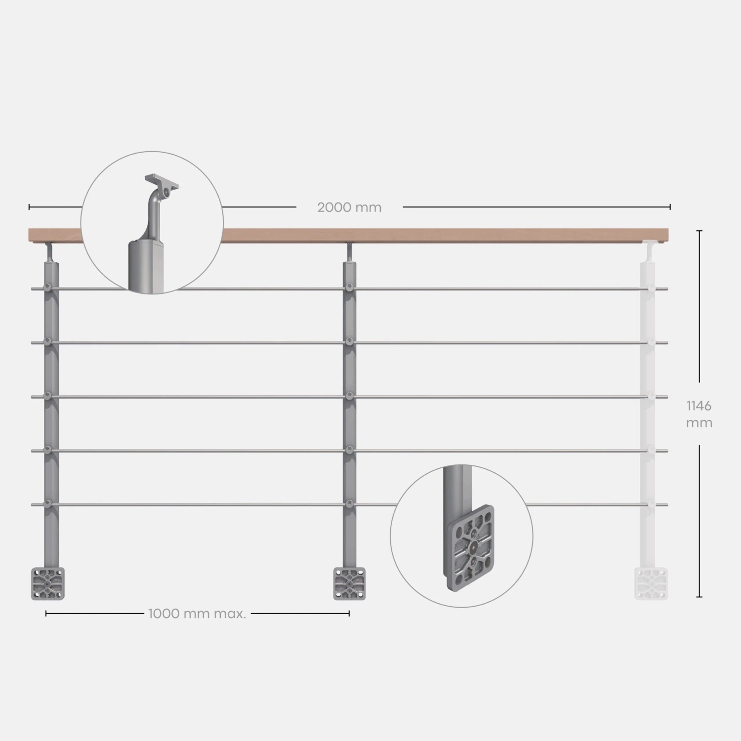 Kordo Geländerset 2m Alu grau mit Buchenhandlauf und seitlicher Befestigung.