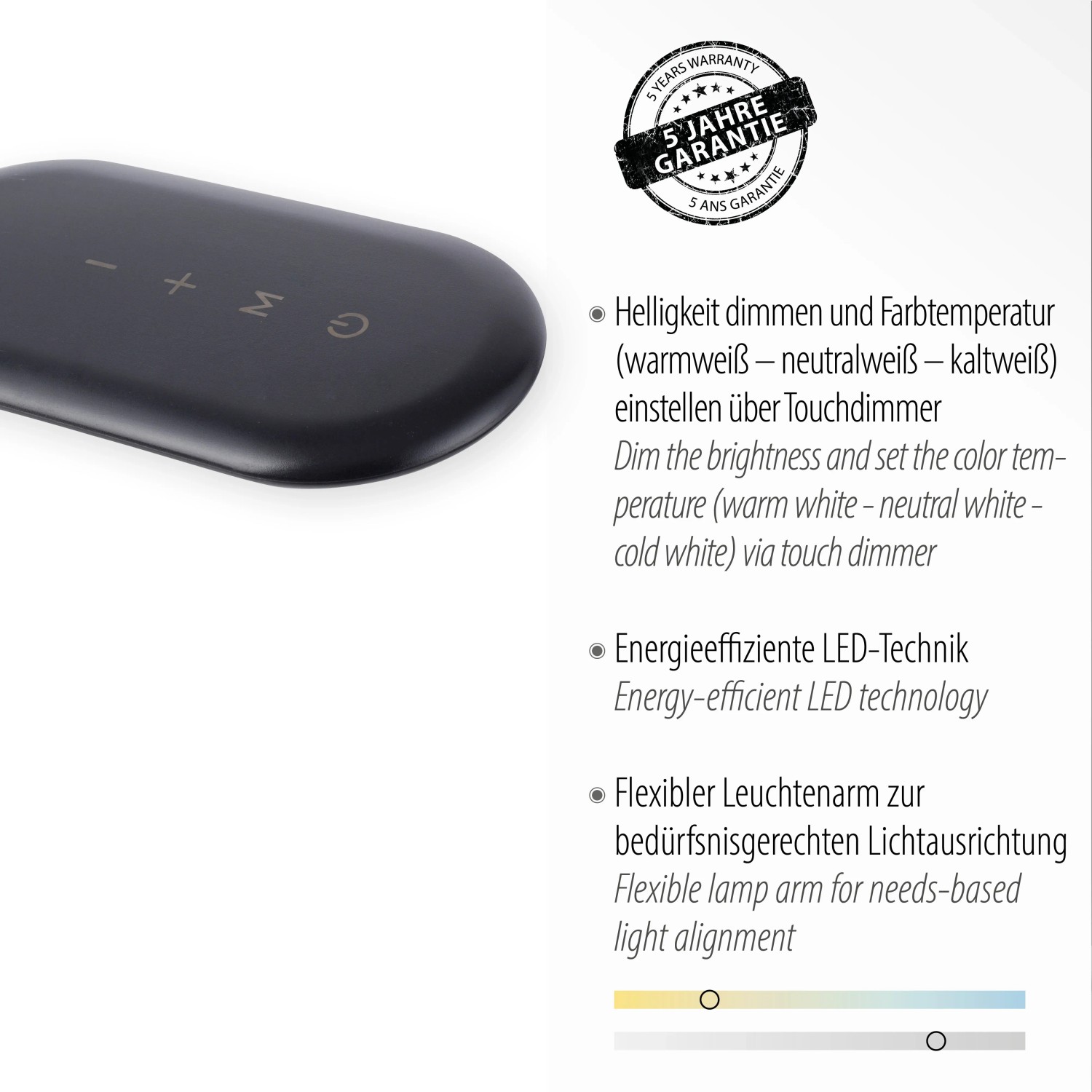 Detailaufnahme des Touchdimmers der schwarzen LED Stehleuchte Kelly zur Einstellung von Helligkeit und Farbtemperatur.