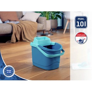 Blauer Leifheit Eimer Power Clean M mit türkisfarbenem Aufsatz, max. 10 Liter Fassungsvermögen.