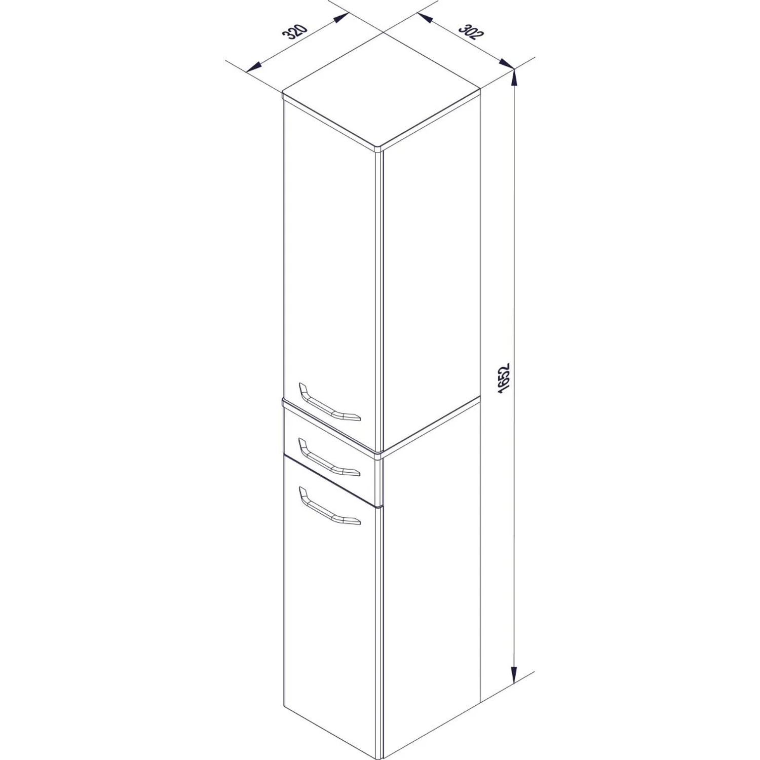 Skizze des Fackelmann Bad-Hochschranks Milano Asteiche, 166x31x32cm, mit Schublade und Griffleisten.