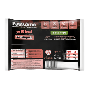 Pawsome Katzen-Nassfutter Adult Rind, 4er-Pack. Nassfutter mit Rind für ausgewachsene Katzen.
