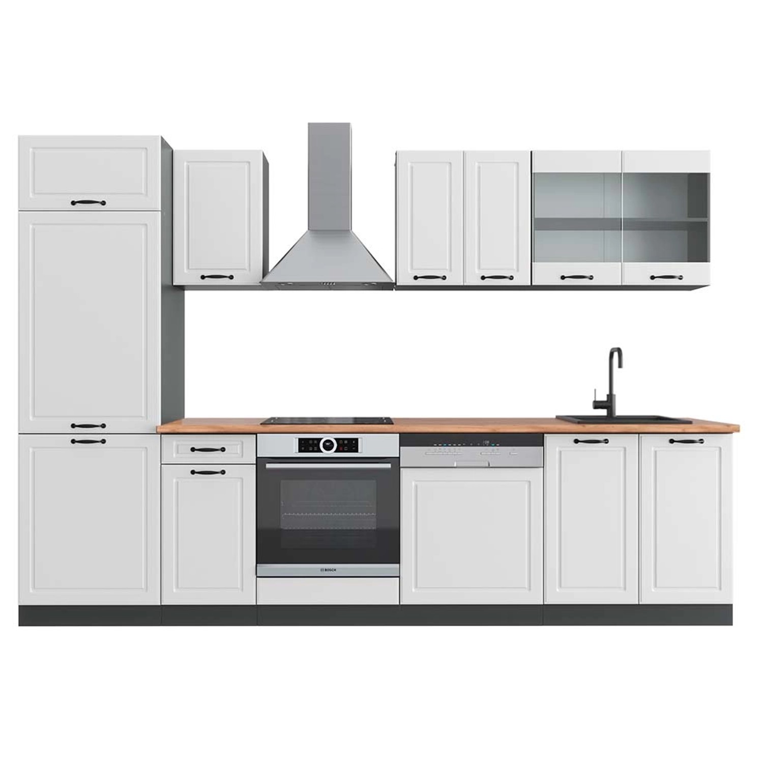 Vicco R-Line Küchenzeile Weiß Landhaus/Anthrazit 300 cm AP Eiche günstig online kaufen