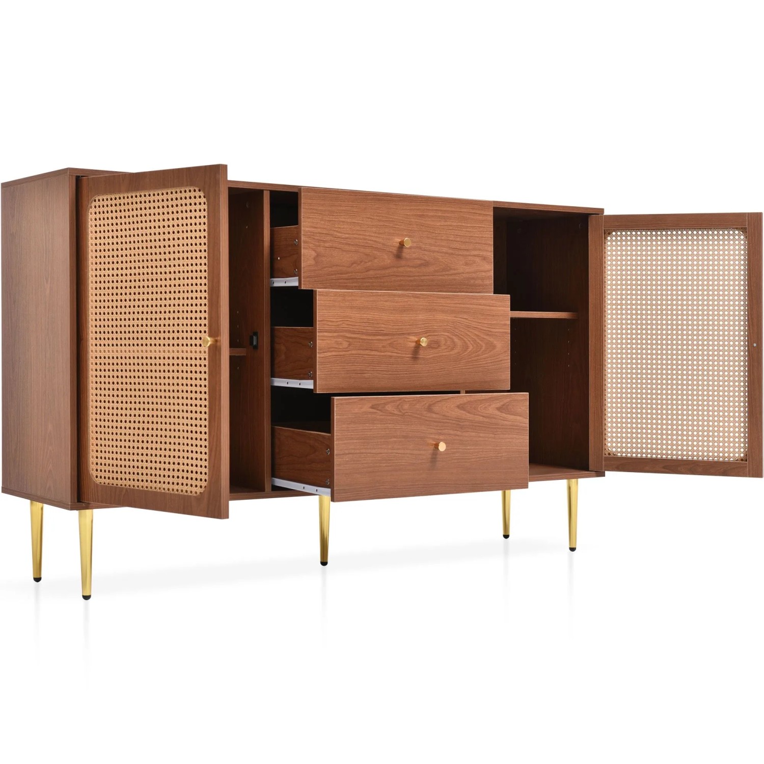 Merax Rattan Kommode Nussbaum mit 3 Schubladen, offenen Drehtüren, goldfarbenen Griffen und Metallfüßen.